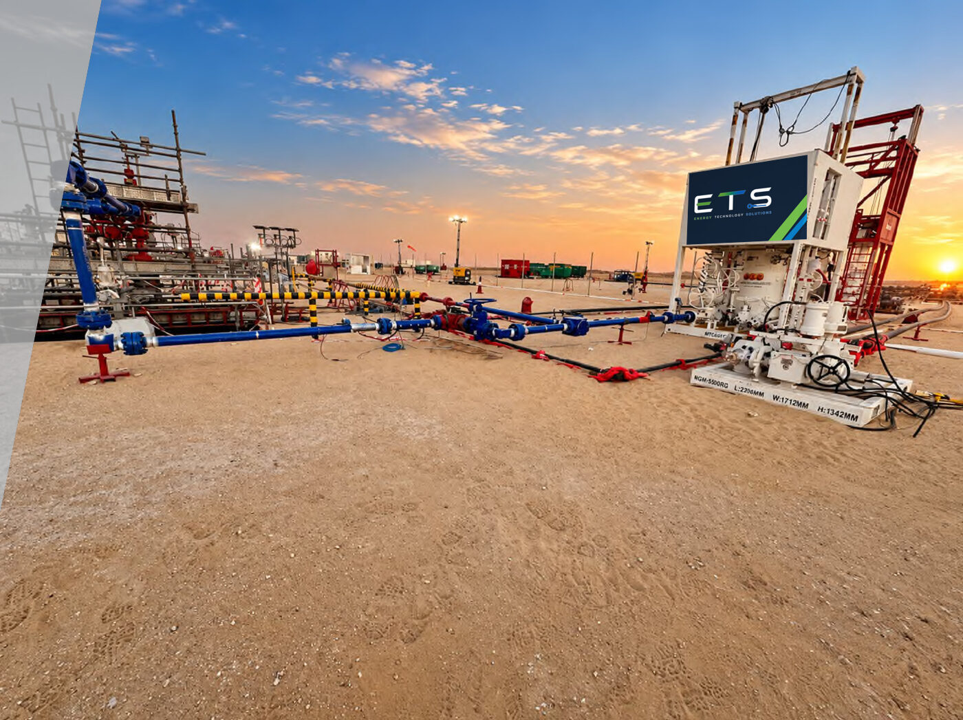 ETS equipment package on a well site at sunset
