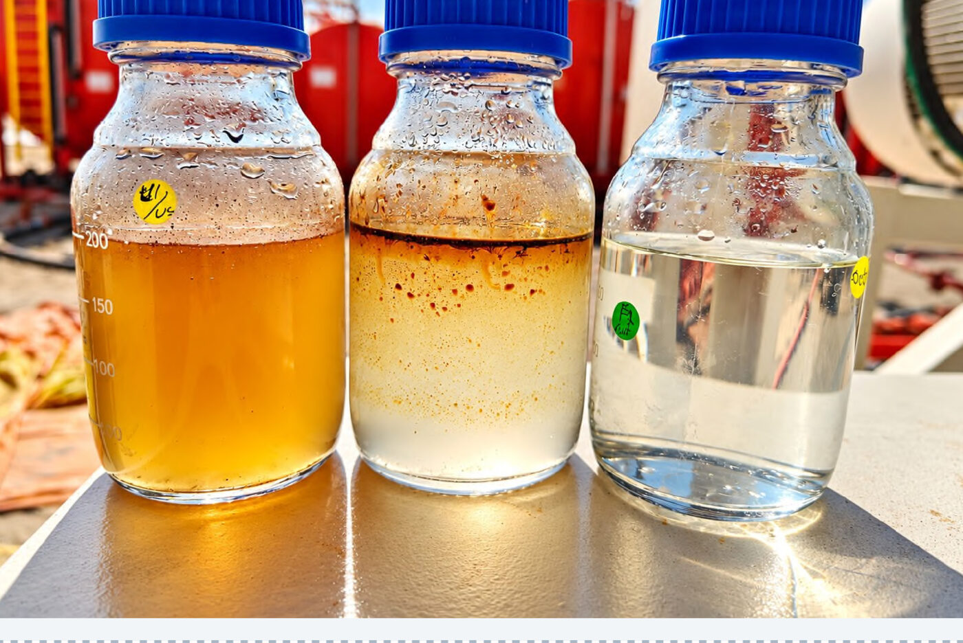Produced water samples showing treatment stages from inlet to outlet